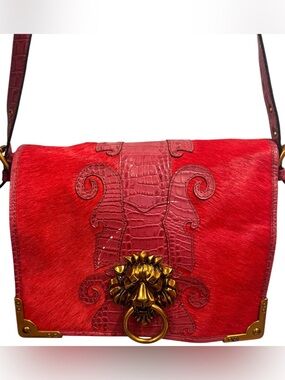 Sharif 1827 Red Haircalf Leather Lion Head Crossbody Messenger Bag Boho
